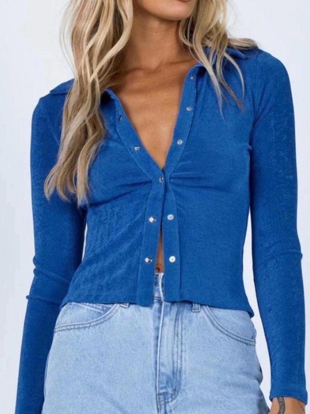 Oh Polly Cobalt Blue Snap-Front Long Sleeve Top